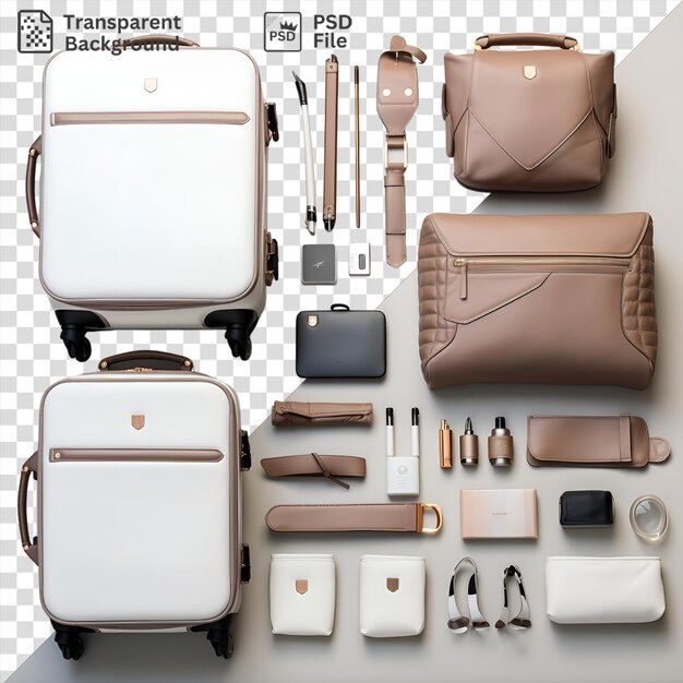 Psd transparent background custom luxury travel and luggage set featuring a white case black wheel and brown handle