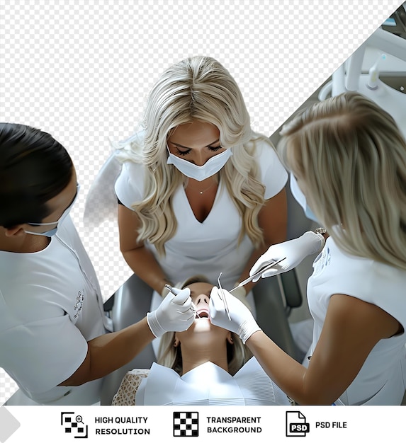 치과에서 투명한 배경: 긴 머리카락을 가진 금발 여성이 색 셔츠와 장갑을 입고  의자에 앉아있는 동안 금발 머리카락의 금발 여성은 그녀의 에 앉습니다.