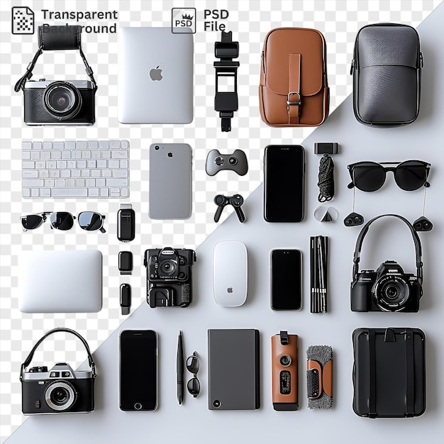 PSD psd transparent background digital nomad tech gear set featuring a black camera white keyboard and black headphones on a transparent background