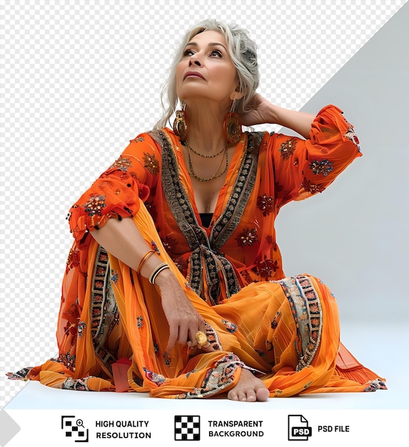 PSD psd transparent background a embarrassed middle aged woman with blonde hair from the south asian ethnicity dressed in making jewelry attire poses in a full length with flowing dress style png psd
