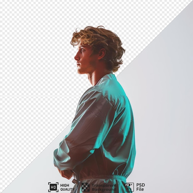 Psd transparent background a envious adult man with wavy hair from the nordic ethnicity dressed in medical scientist attire poses in a profile silhouette style png psd