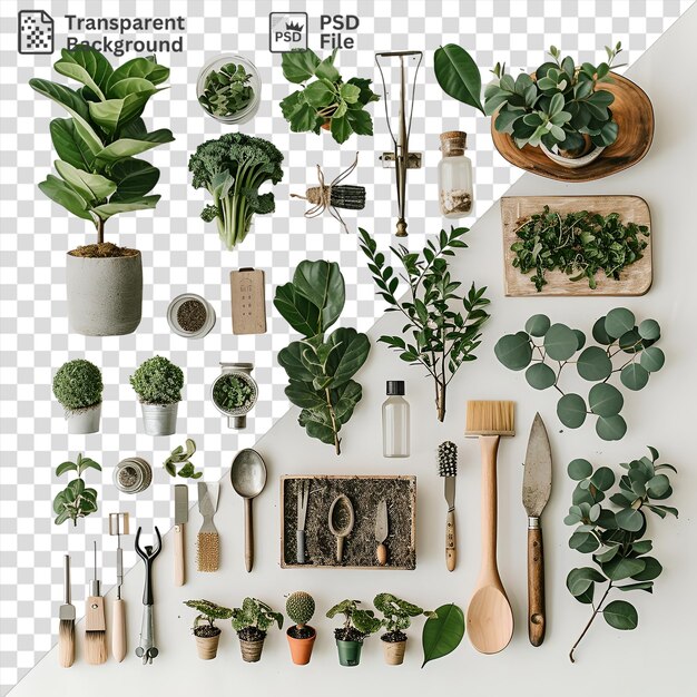 Psd transparent background gardening and plant care set featuring a variety of plants and tools including a potted plant wood spoons and a brown pot arranged on a transparent background with