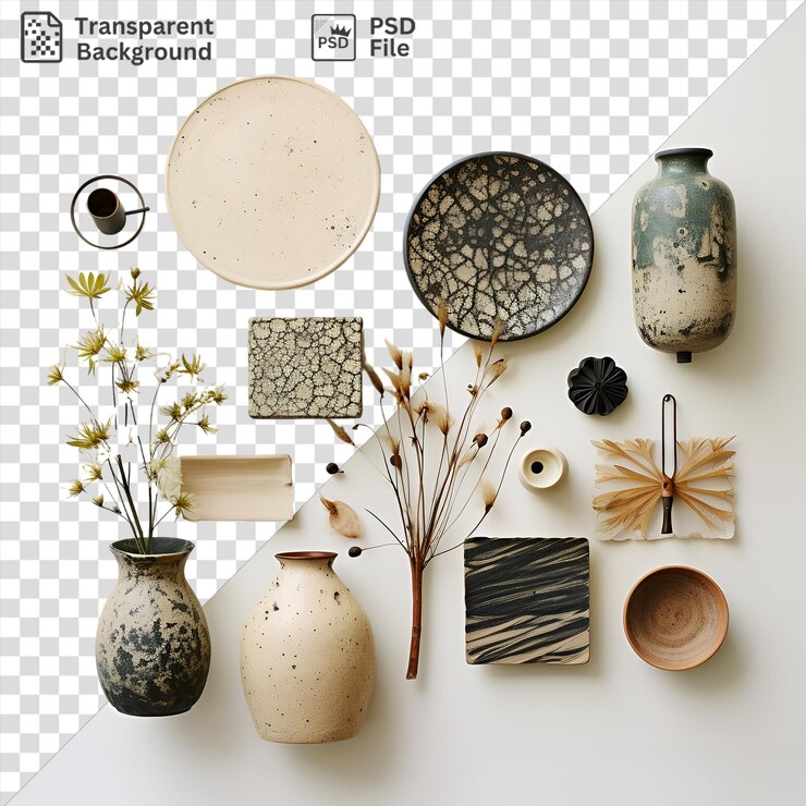 PSD psd transparent background handmade pottery collection set featuring white and brown vases a wood spoon and a white cup