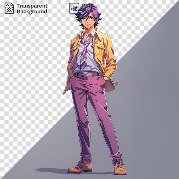 Psd transparent background kotaro tatsumi from zombie land saga wearing a yellow jacket purple pants and a black belt with purple hair and a purple face stands against a