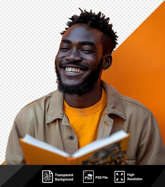 Psd transparent background laughing man looking at an invisible joke book png