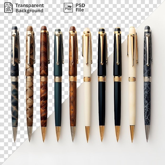 PSD psd transparent background luxury pen collection set featuring a black pen a brown pen and a gold pen