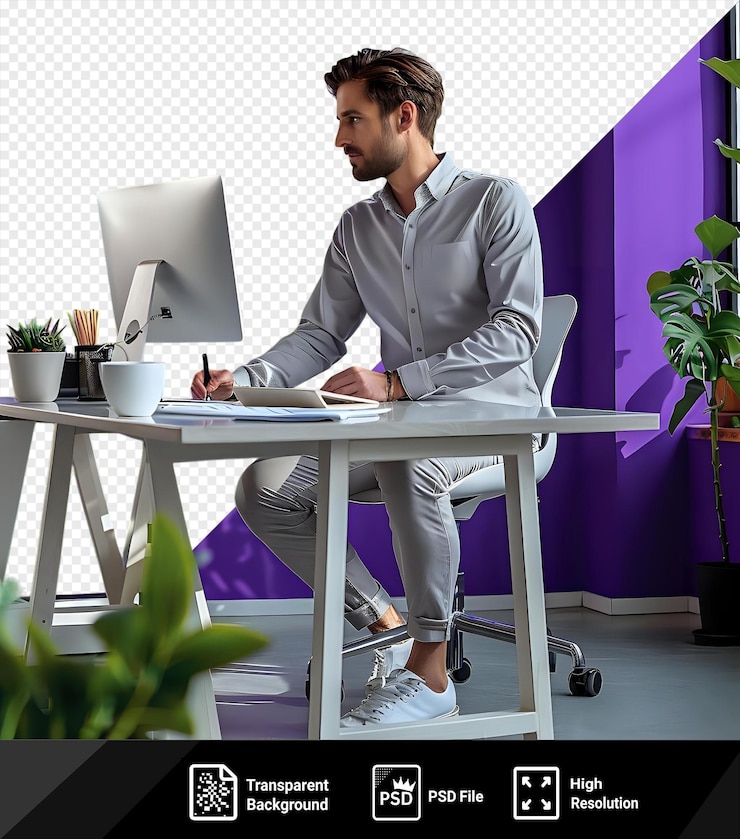 PSD psd transparent background a man in casual clothes working in the office and looking involved png psd