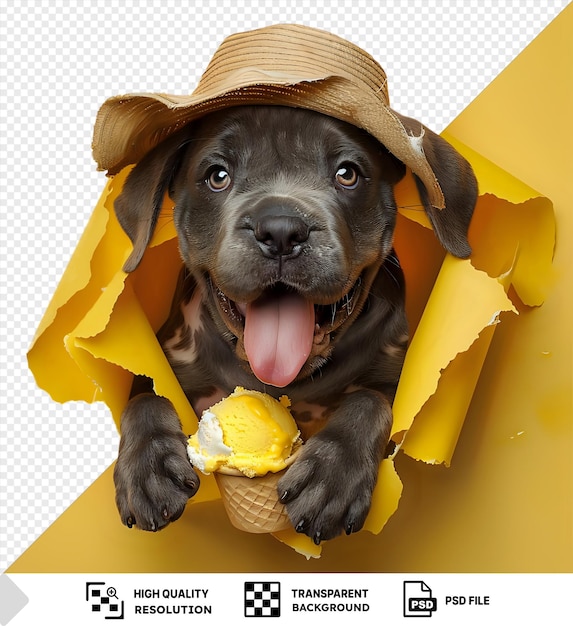 PSD psd transparent background mastiff puppy wearing summer hat eats ice cream and looks through a hole in yellow paper