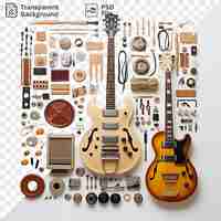 PSD psd transparent background musicians instrument and accessories set featuring a black guitar a brown clock and a brown and wood guitar