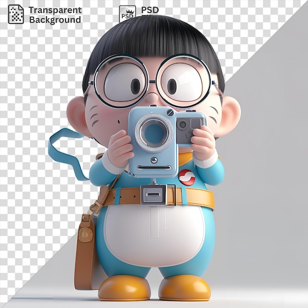 PSD psd transparent background nobita from doraemon holding a gray and silver camera with a pink ear and black hair and a blue arm and hand visible in the foreground