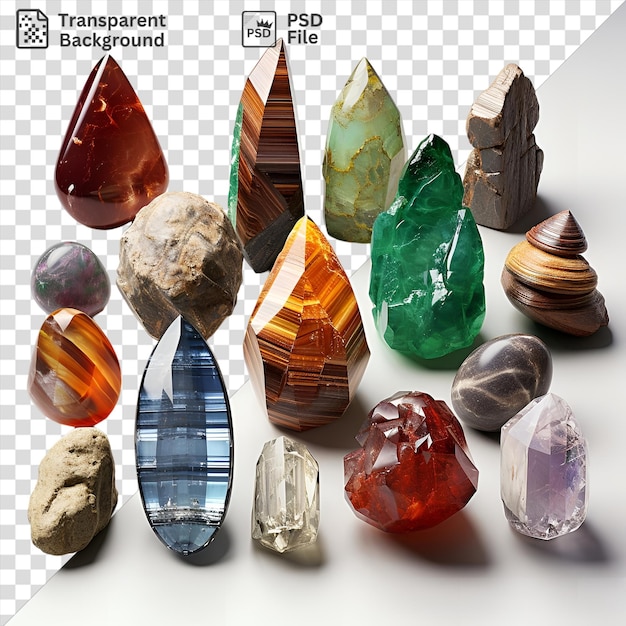 Psd transparent background realistic photographic gemologists gemstone collection displayed on a transparent background accompanied by a red candy