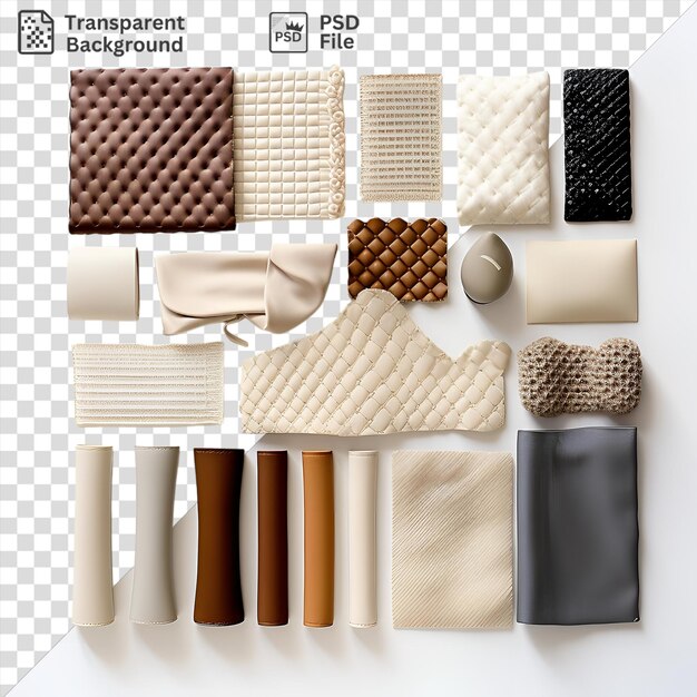 Psd transparent background realistic photographic upholsterers fabric samples on a transparent background accompanied by a black wallet and a white napkin