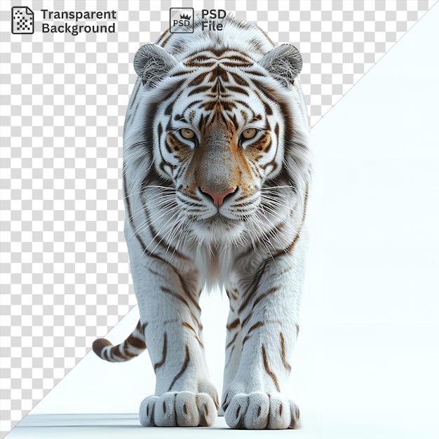 PSD psd прозрачный фон реалистичные фотографические зоологические иллюстраторы иллюстрации дикой природы с изображением белого тигра с розовым носом, коричневыми глазами и ушами и белой ногой