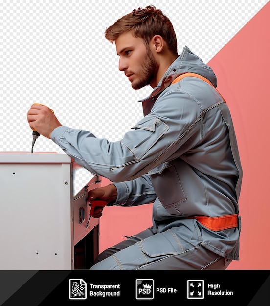 PSD psd transparent background serious repair technician fixing a cabinet drawer png