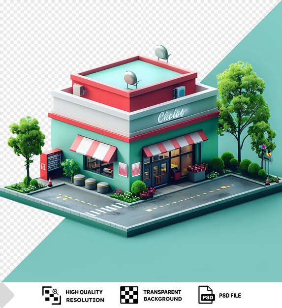 PSD psd transparent background store building exterior with landscape isometric view of the front of the building png psd