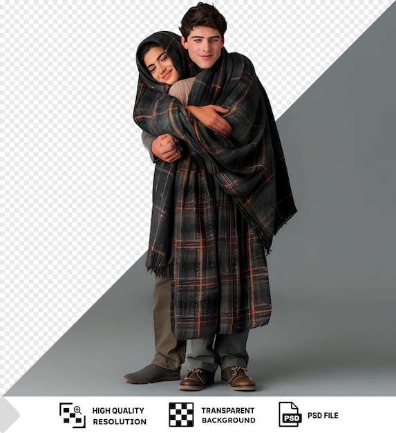 PSD psd transparent background tall young man hugging his girlfriend and covering her with a plaid scarf png psd