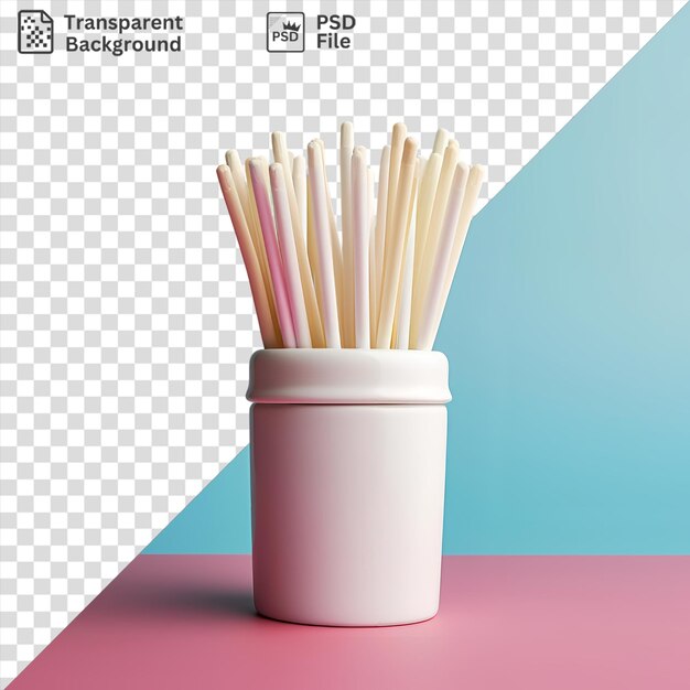 PSD psd transparent background toothpick dispenser on a pink table against a blue wall with a white cup in the foreground