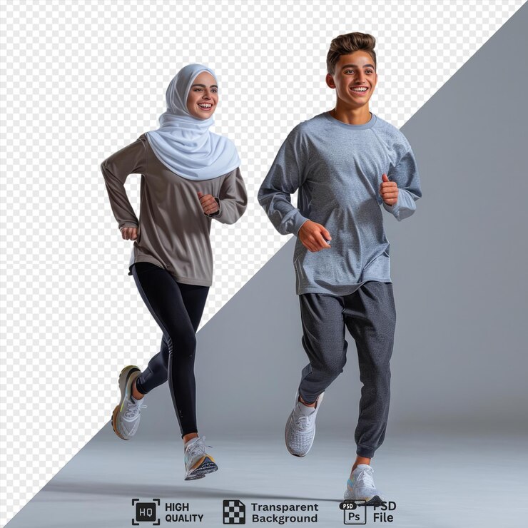 psd transparent background two young people running and smiling in front of a gray and white wall one wearing a gray shirt and black and gray pants the other wearing a gray and white scarf png