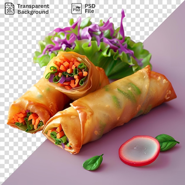 Psd transparent background vegetable spring rolls on a purple surface