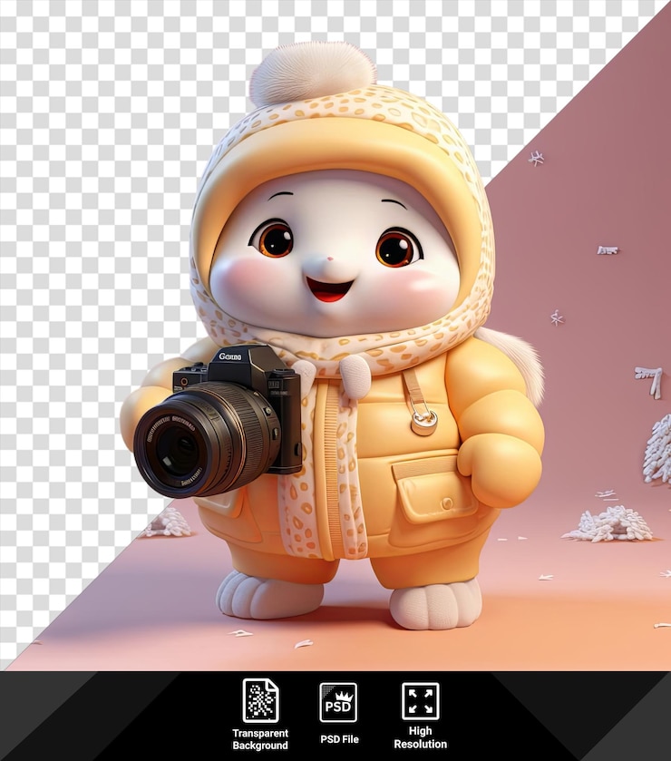 PSD псд прозрачный фон с персонажем мультфильма, держащим черную камеру и носящим белый шарф, стоящим перед розовой стеной. персонаж имеет белое лицо, черные и коричневые глаза и