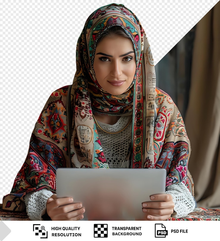 PSD psd transparent background woman sitting on table looking at laptop screen png