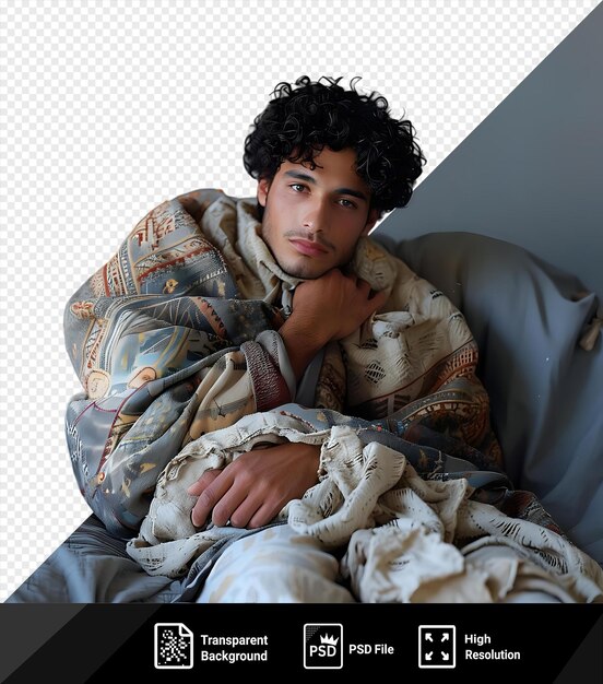 PSD psd transparent background young curlyhaired darkskinned man resting at home on a bed png