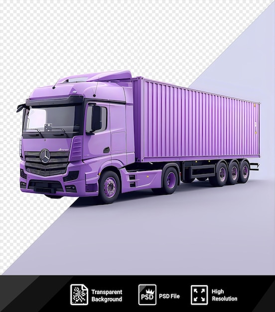 PSD psd transport truck with a container on the back parked under a blue sky featuring a purple cab black grill and large windshield with a black tire visible in the foreground png