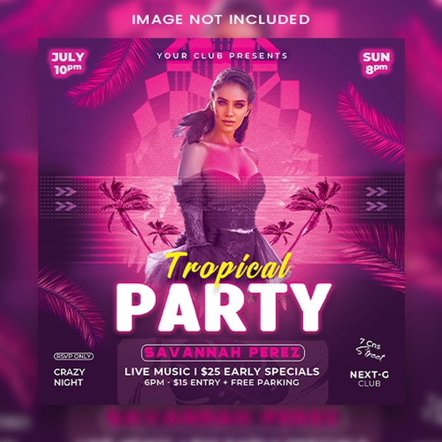 Psd tropical summer party concert at event beach flyer social media square banner template