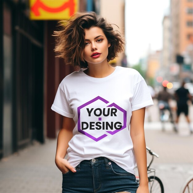 PSD tshirt mockup stylish girl on street