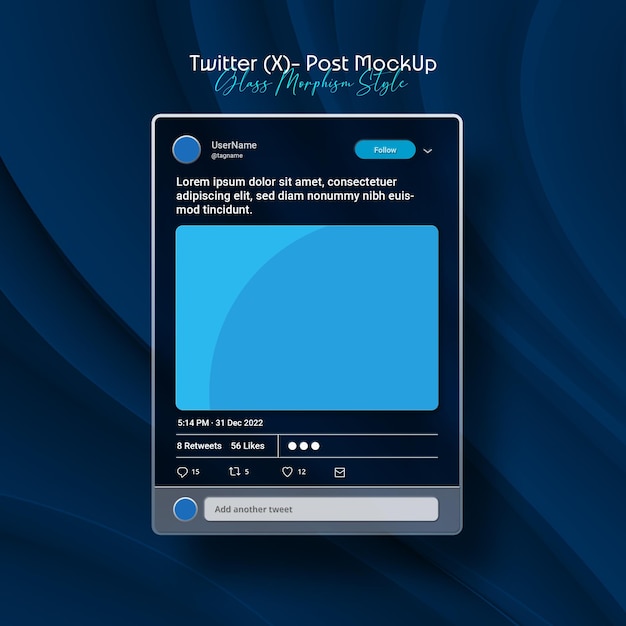 PSD Twitter インターフェイスとフィードポストモックアップ分離ガラスモーフィズムダークモード