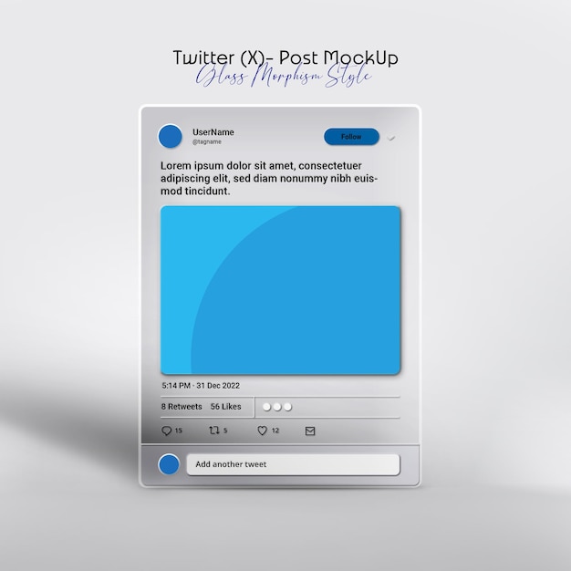 PSD Twitter インターフェイスとフィードポストモックアップ分離ガラスモーフィズムライトモード