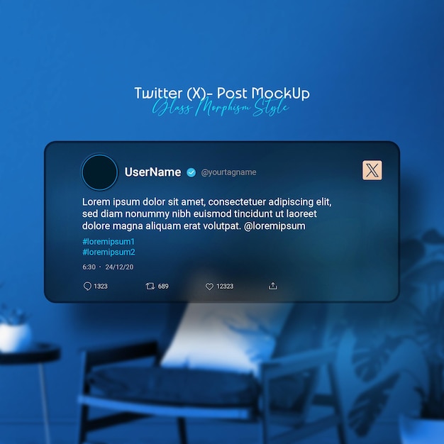 PSD psd twitter tweet e feed post mockup morfismo in vetro isolato modalità scura