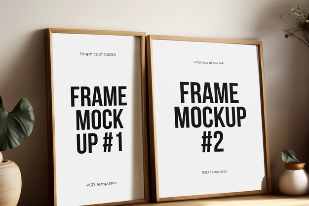 Psd two frame mockup on wooden table