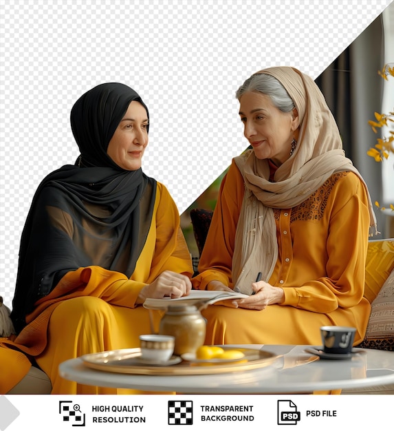 PSD psd two women communicating in the living room one wearing a black scarf and the other a white and gray scarf while seated at a round table with a white plate and a white book png psd