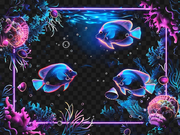 PSD psd of underwater wonder arcane frame with swimming fish and floati outline neon collage style art
