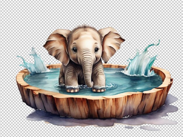 PSD psd uroczego słonia pływającego w drewnianym tupie