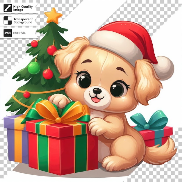 PSD psd uroczy pies z kapeluszem świętego mikołaja i prezentami świątecznymi na przezroczystym tle