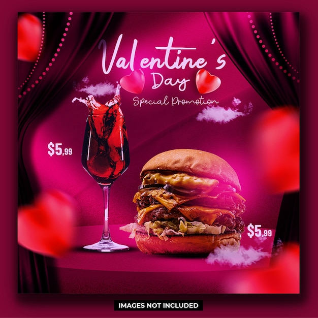 PSD Volantino promozionale speciale per San Valentino post sui social media e banner web con tenda rosa scuro e modello premium amore