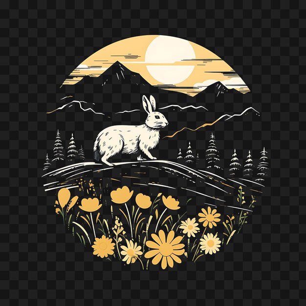 PSD psd van alpine meadow met een mountain hare wildbloemen bright yellow template clipart tattoo design