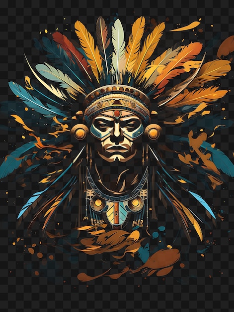 PSD psd van aztec feathered warrior in een ceremoniële dans versierd met c tshirt tattoo art outline ink