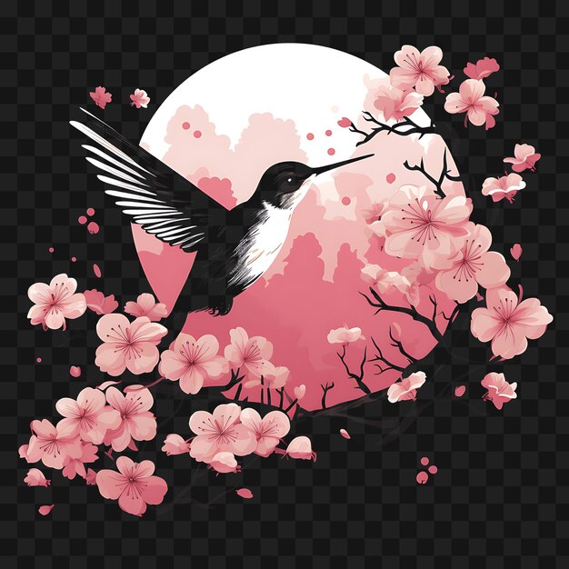 Psd van cherry blossom garden met een hummingbird zachte roze en witte sjabloon clipart tattoo design