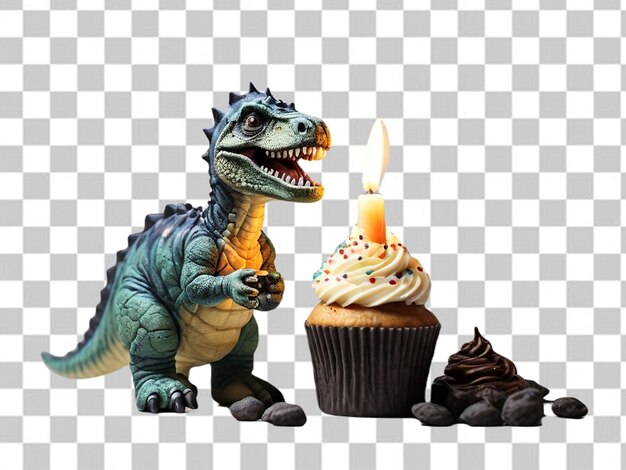 PSD psd van een dinosaurus beeldje naast een cupcake met een aangestoken kaars