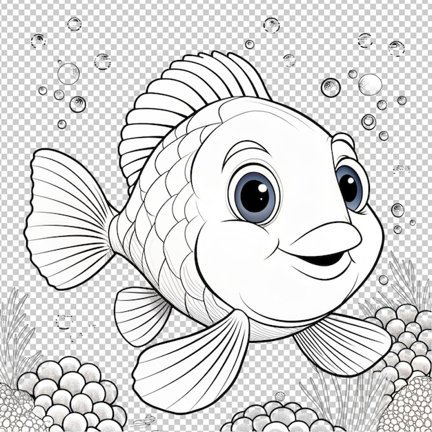 PSD psd van een kleurpagina met een omtrek van schattige vissen op een doorzichtige achtergrond