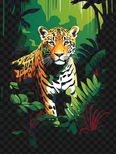 PSD psd van het regenwoud met een jaguar rijke groene heldere pops van tropische sjabloon clipart tattoo design