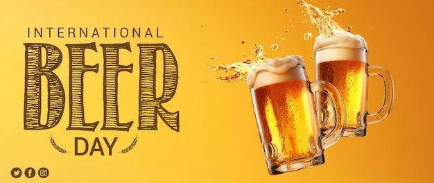 PSD psd van internationale bierdag voor postersjabloon voor sociale media met spetterende bierpullen en gele achterkant