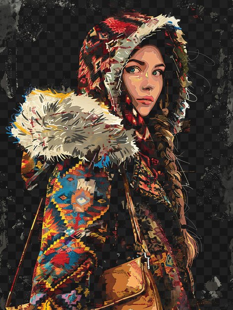 PSD psd van merchant woman portret met een kap en bont trimmed coat hol tshirt design collage art ink