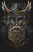 PSD psd van norse god man portret met een gevleugelde helm en chainmail t-shirt design collage art ink