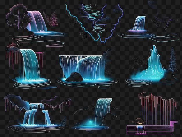 Psd van verschillende waterval iconen met gloeiende aura en gestreepte omtrek y2k transparent tshirt web