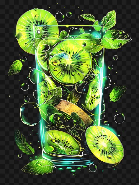 PSD psd van vibrant green kiwi mojito met muddled kiwi slices en mint y2k glow neon outline design