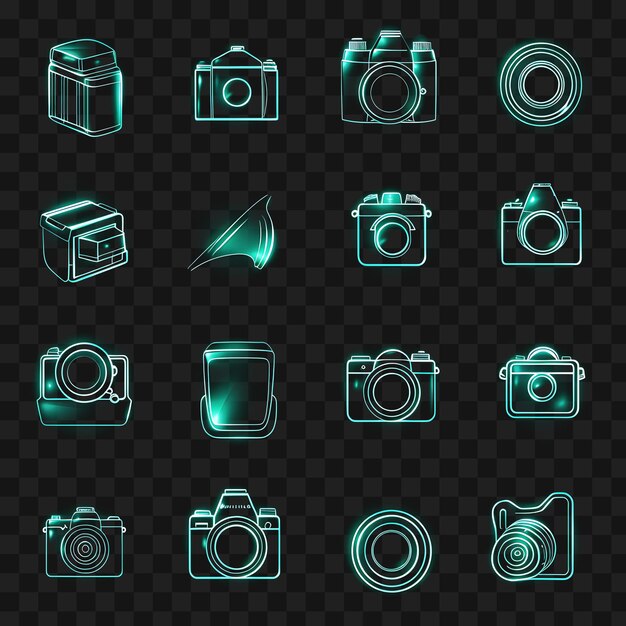PSD psd of various of camera icons with sparkling neon glow in dot outline y2k transparent tshirt web